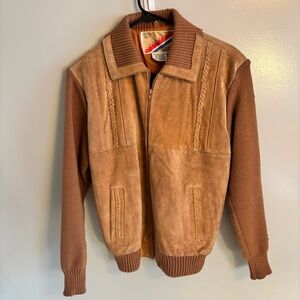 Vintage Suede & Knit Zip Jacket Brown Leather Trim